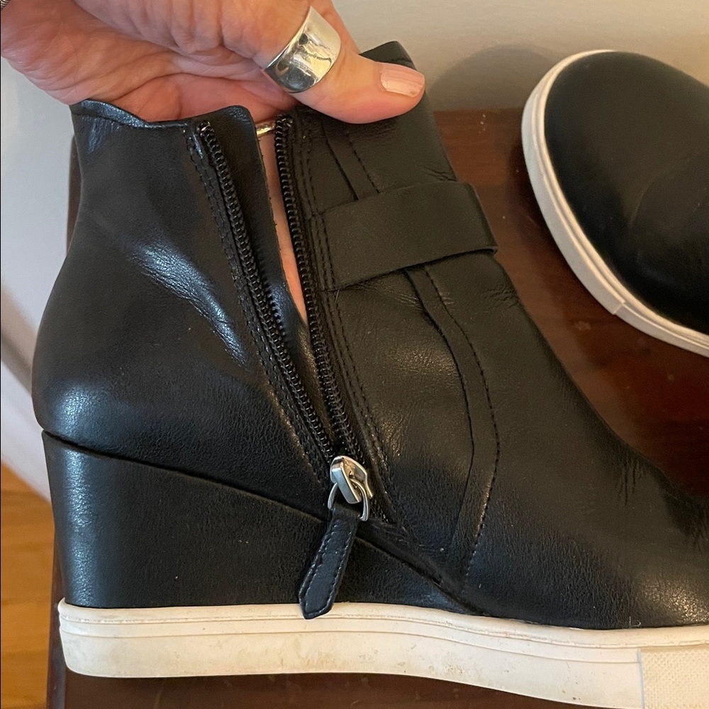 L. Paola Black Leather Wedge Ankle Boots - Picture 6 of 9